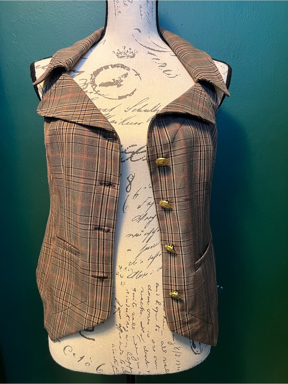 Anthropologie Brown Plaid Sleeveless Button Vest